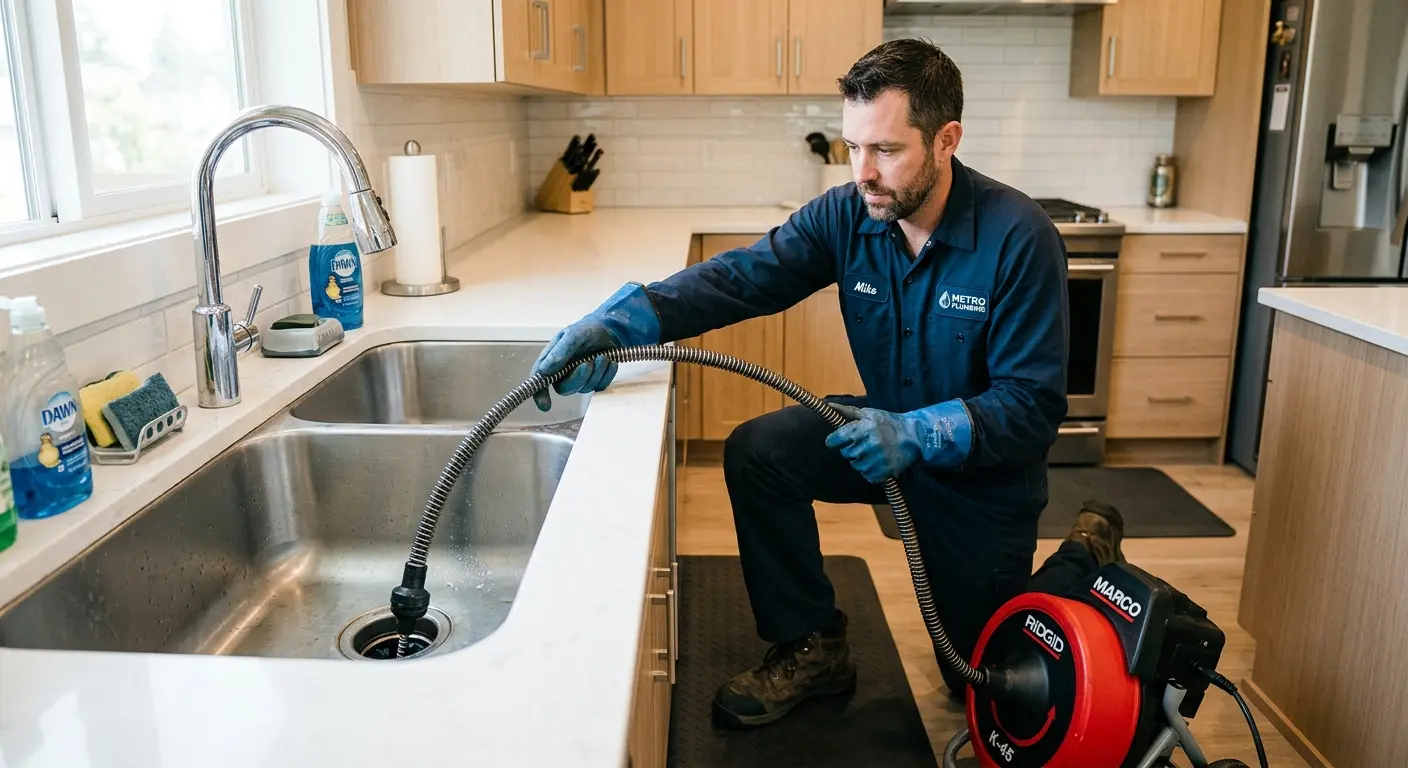 Drain cleaning technician using a motorized snake on a kitchen sink in Estacada