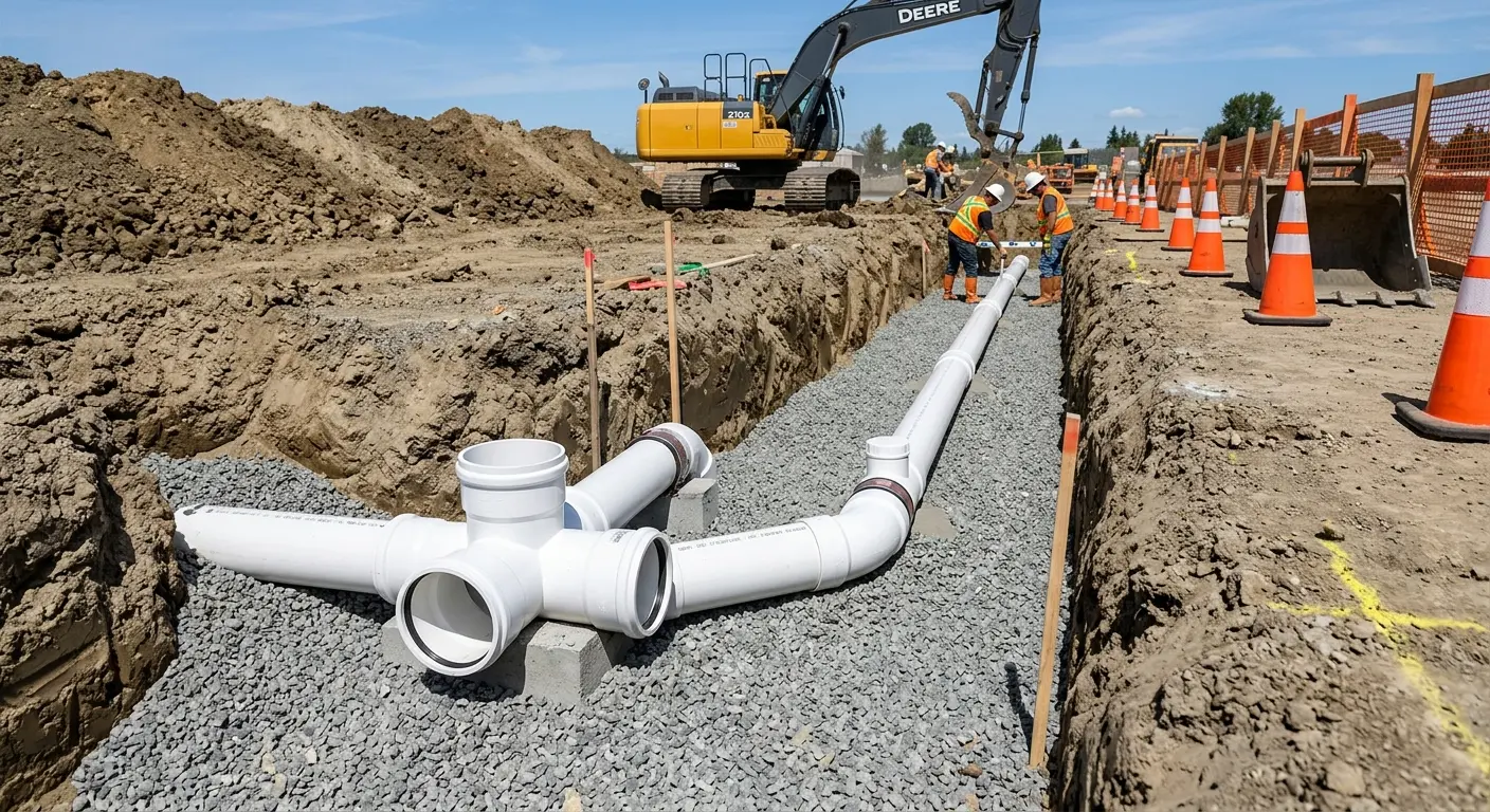 New PVC sewer pipe installation in open trench for Sewer Backup in Estacada