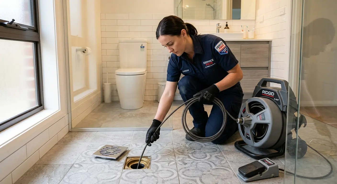 Technician clearing a bathroom floor drain for Sewer Line Installation in Estacada